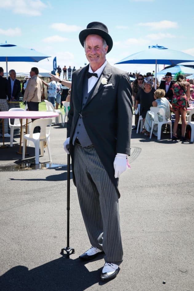 Mark Alexander in a suit rented from Sergios in Christchurch at the New Zealand Trotting Cup at Addington Raceway on 11 November, 2025.