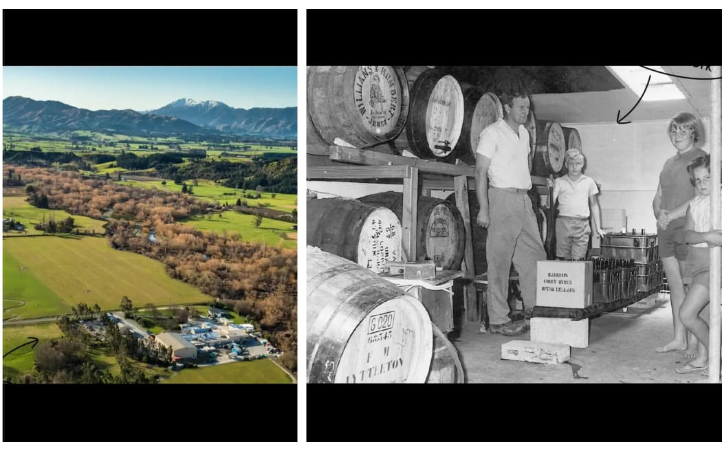 Barker's of Geraldine farm (L) and The Barker Family with the original product, Elderberry Wine.