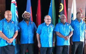 Melanesian Spearhead Group leaders at their 2018 summit: (left to right:) Fiji's Defence Minister Ratu Inoke Kubuabola, Victor Tutugoro of New Caledonia's FLNKS Kanaks Movement, PNG prime minister Peter O'Neill, prime minister of Solomon Islands Rick Hou, and Vanuatu's prime minister Charlot Salwai.