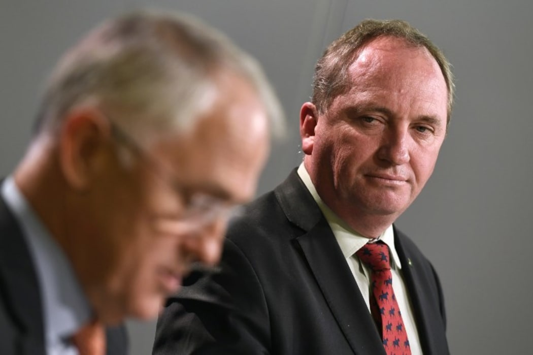Australia's Deputy Prime Minister Barnaby Joyce looking at Prime Minister Malcolm Turnbull during a press conference in Sydney in 2016.