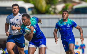 Iosefo Masi attacks for the Fijian Drua against Moana Pasifika with support from Peni Matawalu in Lautoka on Saturday, April 27, 2024. Photo: Fijian Drua