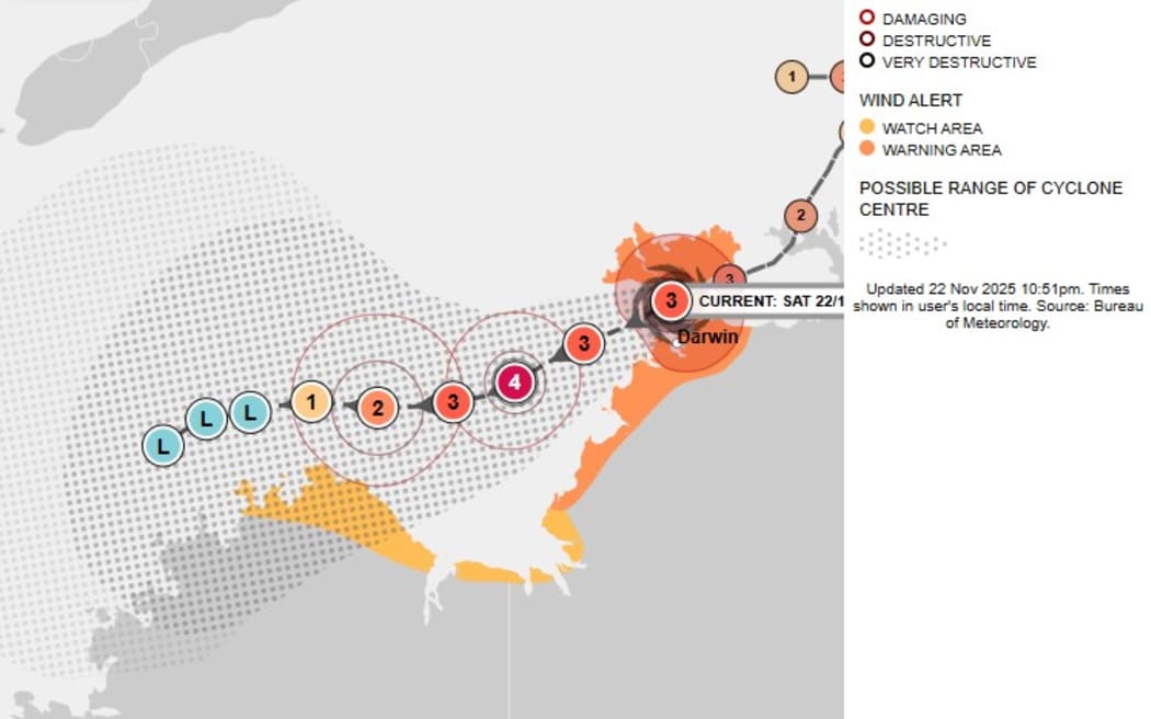 A map published by ABC News on Saturday 22 November, 2025, showing the progress of Cyclone Fina, and a key grading the destructive level of winds.