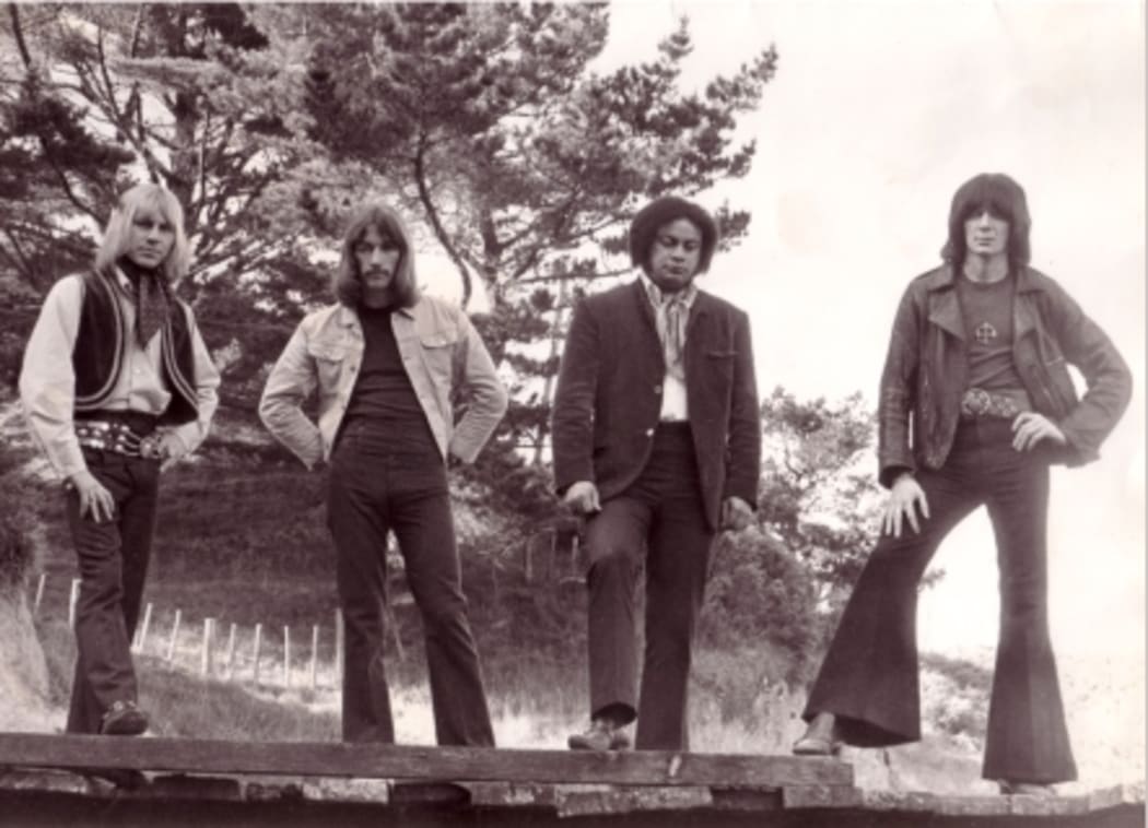 The second line-up of Wellington band Tom Thumb (left to right) featuring Bruce Sontgen on vocals, Mike Farrell on lead guitar, Tom Swainson on drums and band founder and bass player Rick White. Photo Rick White archive.