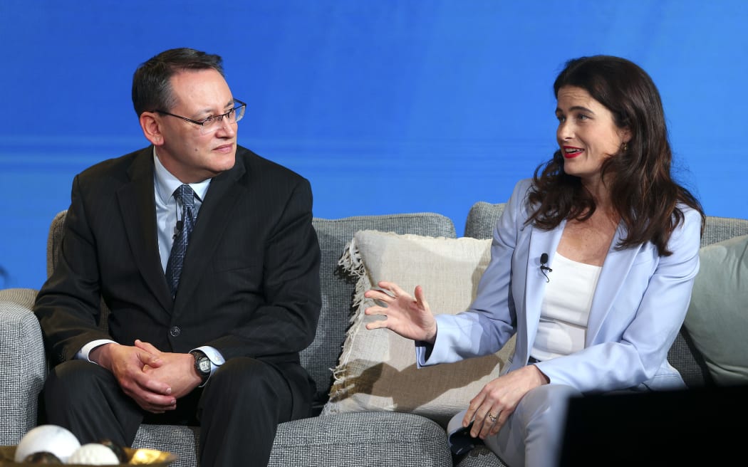 National MP Nicola Willis speaks while Shane Reti looks on during the Virtual National Party 2020 Campaign Launch at Avalon Studios on September 20, 2020 in Wellington, New Zealand.