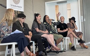 The local community-led research team present their findings to the Tairāwhiti Resilience Research Symposium. From Left: Holly Thorpe, Ralph Walker, Hiria Philip-Barbara, Haley Maxwell, Dayna Chaffey and Josie McClutchie (not pictured but part of research team, Manu Caddie).