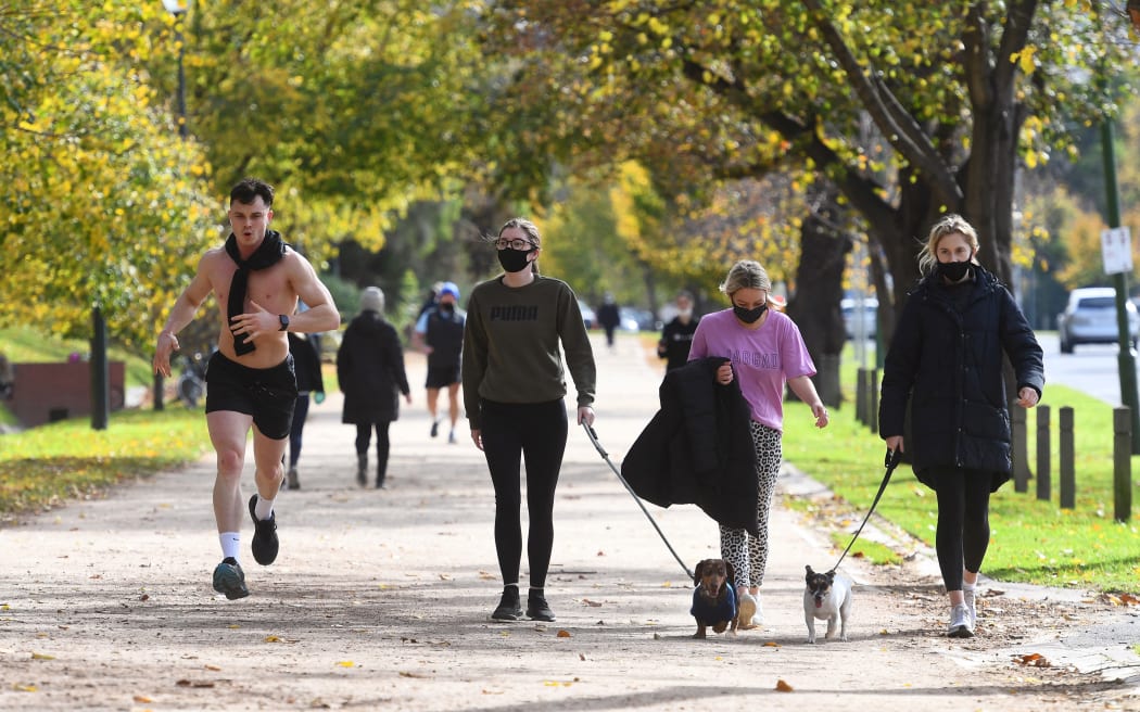 People exercise in Melbourne on Tuesday 1 June, 2021,on the fifth day of a seven-day lockdown as Melburnians prepare for an extension to the lockdown.