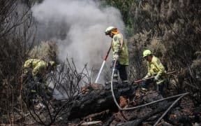 170224 CHRIS SKELTON / POOL
Firefighters continue their efforts on Saturday as they work to dampen down remaining hot spots and create a buffer zone around the 24km perimeter fire ground in Christchurch's Port Hills. Pictured left to right, Lee Reihana (City Care firefighter), John Hytongue (City Care firefighter), and Stephen Robson (Peel Forest Volunteer firefighter)