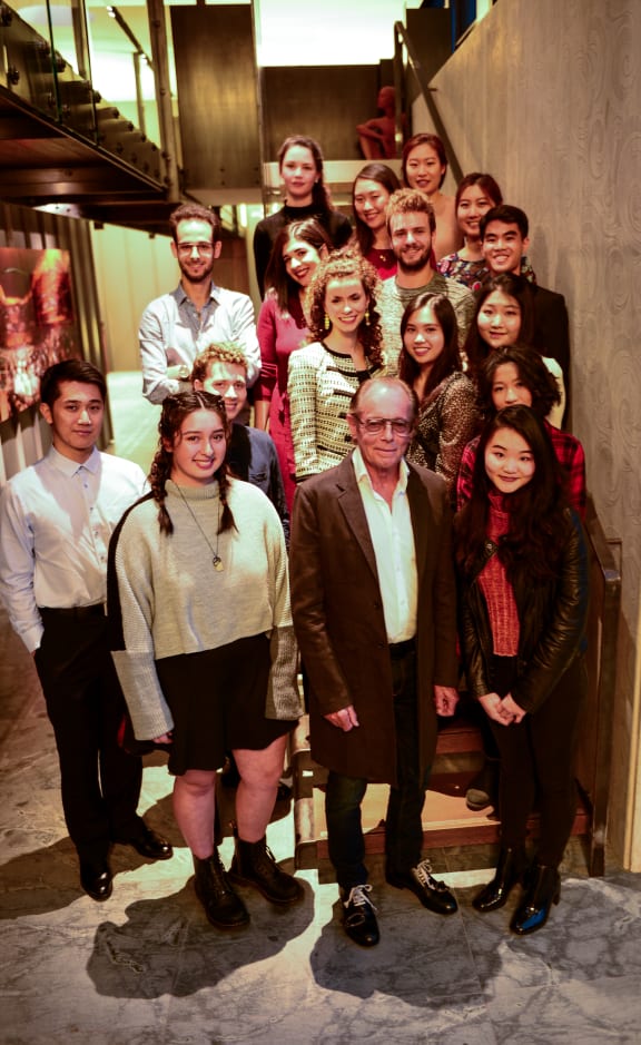 Sir Michael Hill with the quarter-finalists in the Michael Hill International Violin Competition 2019