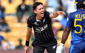 New Zealand's Trent Boult appeals for the wicket of Sri Lanka's Charith Asalanka during the ICC Cricket World Cup 2023