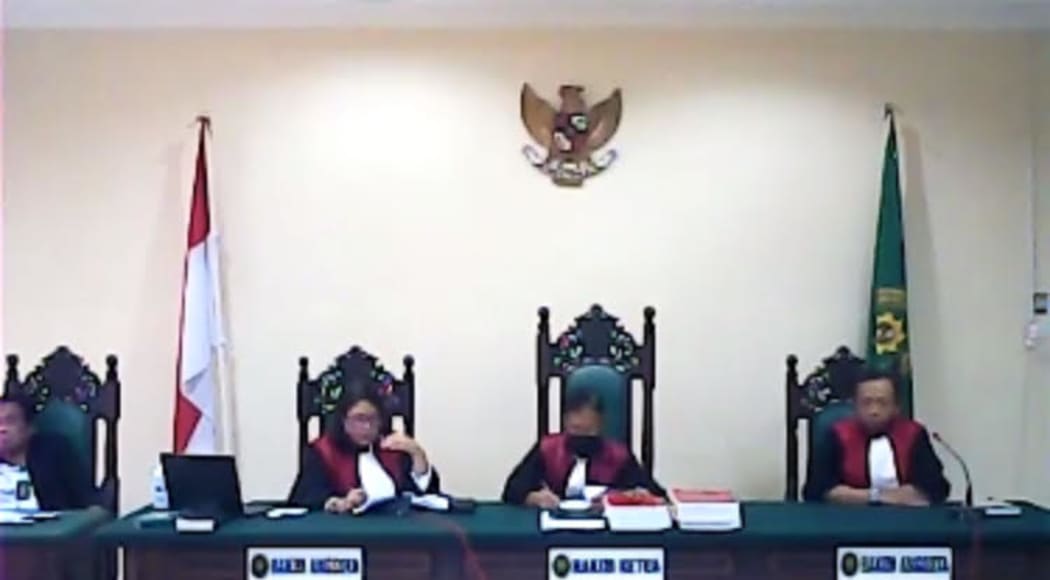 Judges in an Indonesian court in Kalimantan as they convicted and sentenced seven West Papuans on treason charges, 17 June 2020.