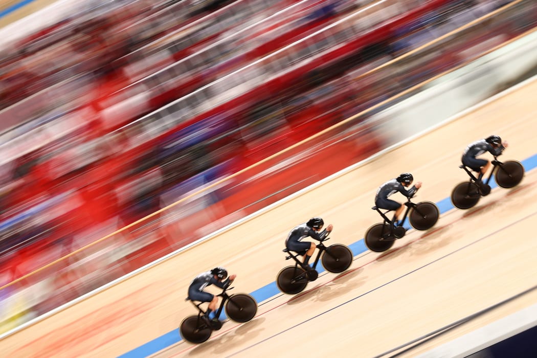 Aaron Gate, Campbell Stewart, Regan Gough and Jordan Kerby of New Zealand in action during the men's team pursuit final