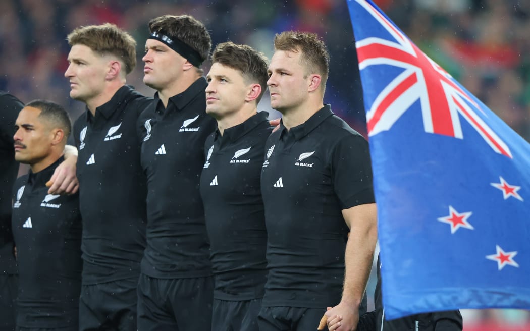 (L-R) Aaron Smith, Jordie Barrett, Scott Barrett, Beauden Barrett and Sam Cane of New Zealand before kick off of the 2023 Rugby World Cup final against South Africa.