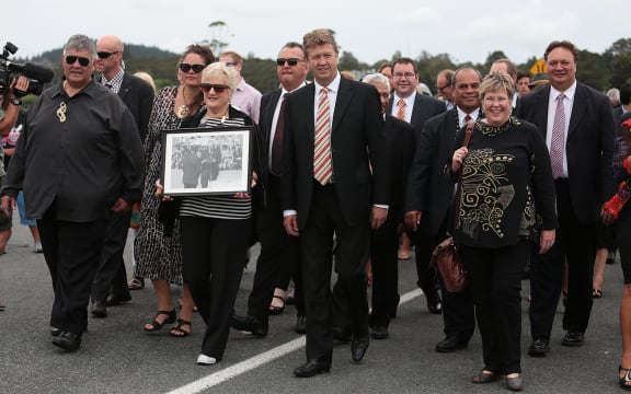 Labour Party leader David Cunliffe, centre, is welcomed onto the marae.