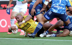 Hurricanes Asafo Aumu scores a try during the Super Rugby Aotearoa rugby match between the Hurricans and Blues at Sky Stadium in Wellington. 27 February 2021. Â© Copyright image by Marty Melville / www.photosport.nz