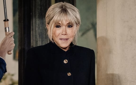 Close up portrait of Brigitte Macron first lady waiting to welcome guests for a dinner hosting participants of the 8th Paris Peace Forum at the Presidential Elysee Palace in Paris France on October 29, 2025. (Photo by Bastien Ohier / Hans Lucas via AFP)