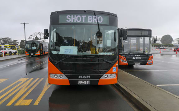 Vaccination buses ready to leave Auckland Airport vaccination drive though.