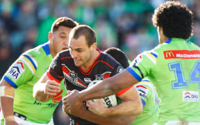 Simon Mannering on the attack for the Warriors v Canberra Raiders in July last year.