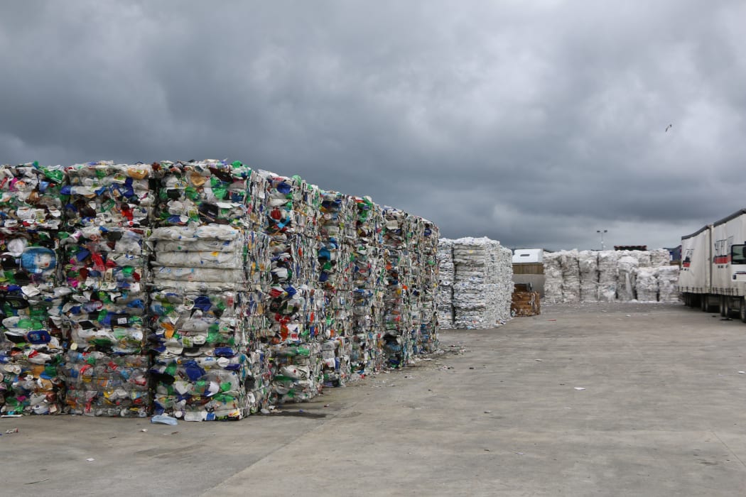 Sorted plastic at the Oji depot, bailed and ready to ship.
