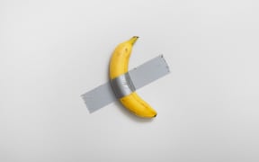 One of the editions of Italian visual artist Maurizio Cattelan's duct-taped banana, titled "Comedian".