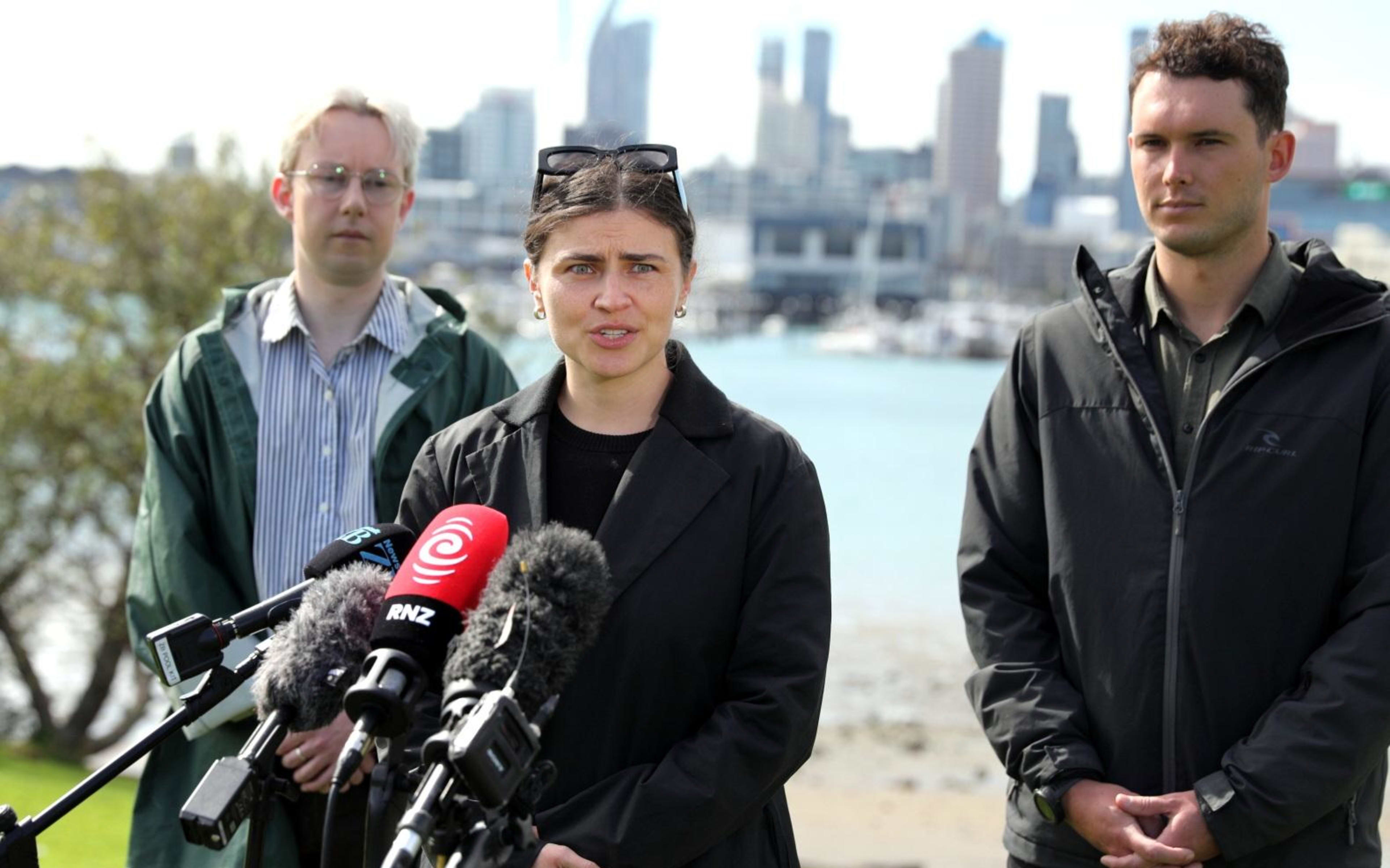 Green Party co-leader Chlöe Swarbrick announcing the party's plan to protect the Hauraki Gulf at Tikapa Moana in St Mary's Bay on 6 October 2026.