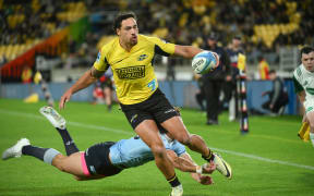 Billy Proctor of the Hurricanes  scores try during Super Rugby Pacific match - Hurricanes v Waratahs at Sky Stadium, Wellington, New Zealand on Friday 3 May 2024. © Mandatory credit: Elias Rodriguez / www.photosport.nz