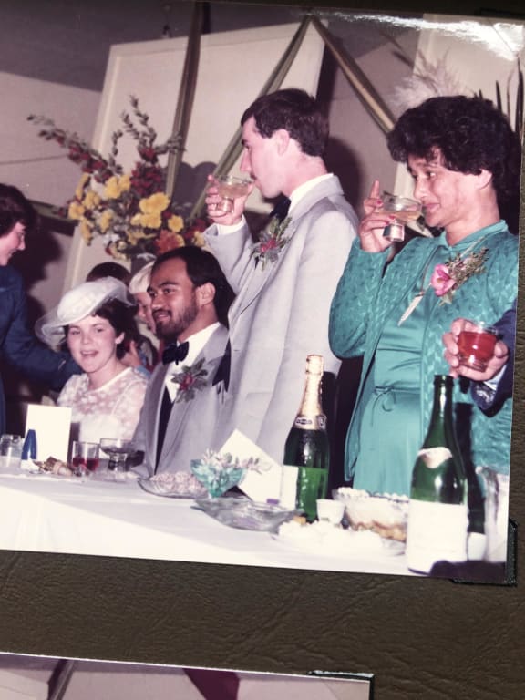 Emma's Mum Colleen and her Dad Martin Wehipeihana Junior with Grandparents Kura and Martin Senior, Best Man Tommy Honey, Bridesmaid Kathryn Smith and Page Boy Nicholas Nalder on their Wedding Day