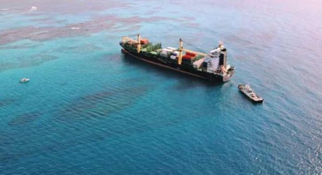 An aerial shot of the Paul Russ ship which ran aground entering the Port of Saipan, in the CNMI.