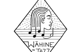 The logo of Wāhine in Jazz, a sketch of a woman looking to the right with musical notes underneath her