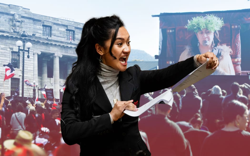 Hana-Rawhiti Maipi-Clarke tears up the Treaty Principles Bill in parliament (center of frame). Background scenes show the hikoi and the annointing of the Māori Queen Ngā Wai hono i te pō.