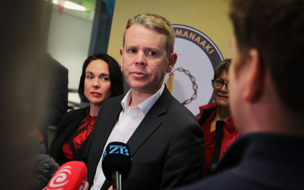 Labour's Chris Hipkins and Ginny Andersen during a media stand-up along the campaign trail in Porirua on 15 September, 2023.