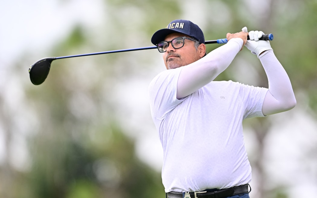 ORLANDO, FLORIDA - FEBRUARY 02: Actor Michael Pena plays his shot from the 11th tee during the final round of the Hilton Grand Vacations Tournament of Champions 2025 at Lake Nona Golf & Country Club on February 02, 2025 in Orlando, Florida.   Julio Aguilar/Getty Images/AFP (Photo by Julio Aguilar / GETTY IMAGES NORTH AMERICA / Getty Images via AFP)