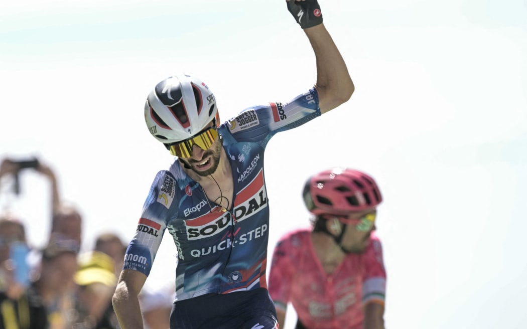 Soudal Quick-Step team's French rider Valentin Paret-Peintre cycles to the finish line to win the 16th stage of the Tour de France, 171.5 km between Montpellier and Mont Ventoux, southern France, on July 22, 2025.