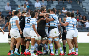 Tempers flare with Sam Whitelock in the middle. All Blacks vs Argentina, 2020.