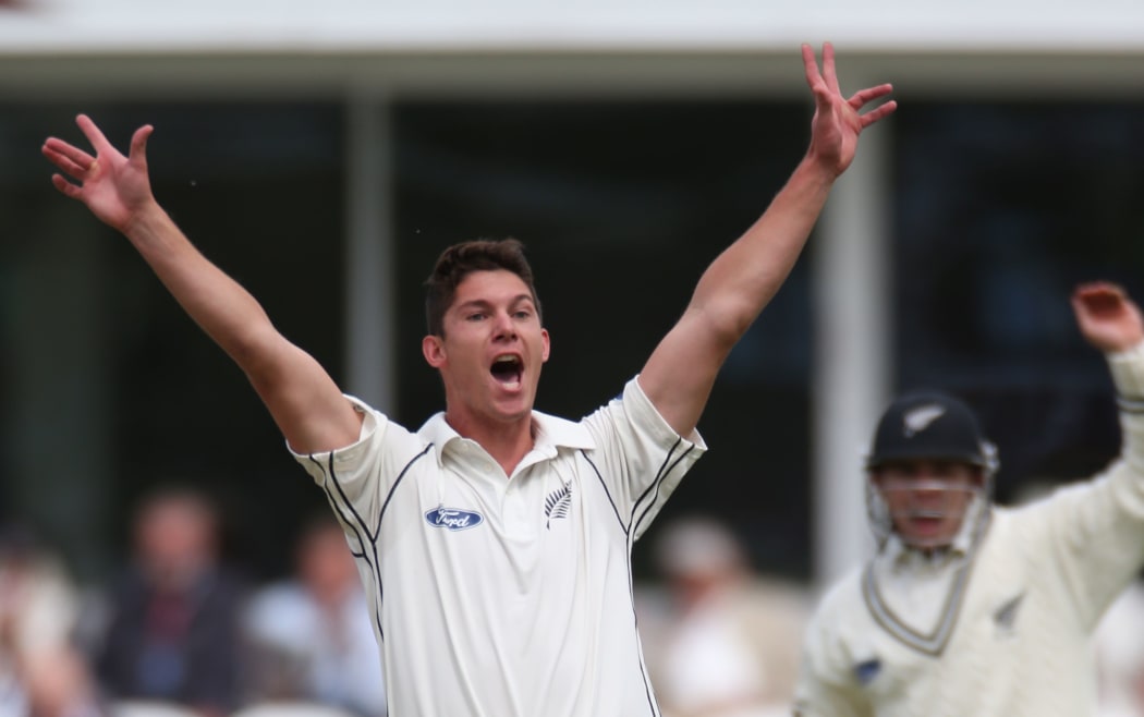 Ben Wheeler appeals during the four day game between Somerset and a New Zealand XI at Taunton.