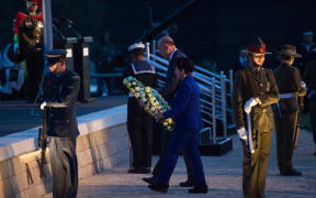Governor-General Dame Patsy Reddy lays a wreath at the Dawn Service at the Anzac Commemorative Site in Gallipoli today.