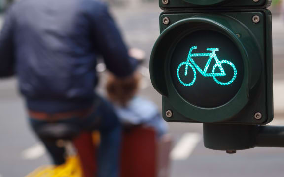 A cyclist passes a green cycling traffic light in a city.