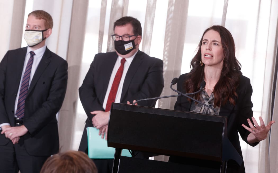 22102021 PHOTO: ROBERT KITCHIN/STUFF
L-R:  
Prime Minister Jacinda Ardern, Grant Robertson, Chris Hipkins, and Peeni Henare introduce a new âtraffic lightâ system when dealing with Covid-19 onwards.  The announcement was made in the Banquet Hall in Parliament.