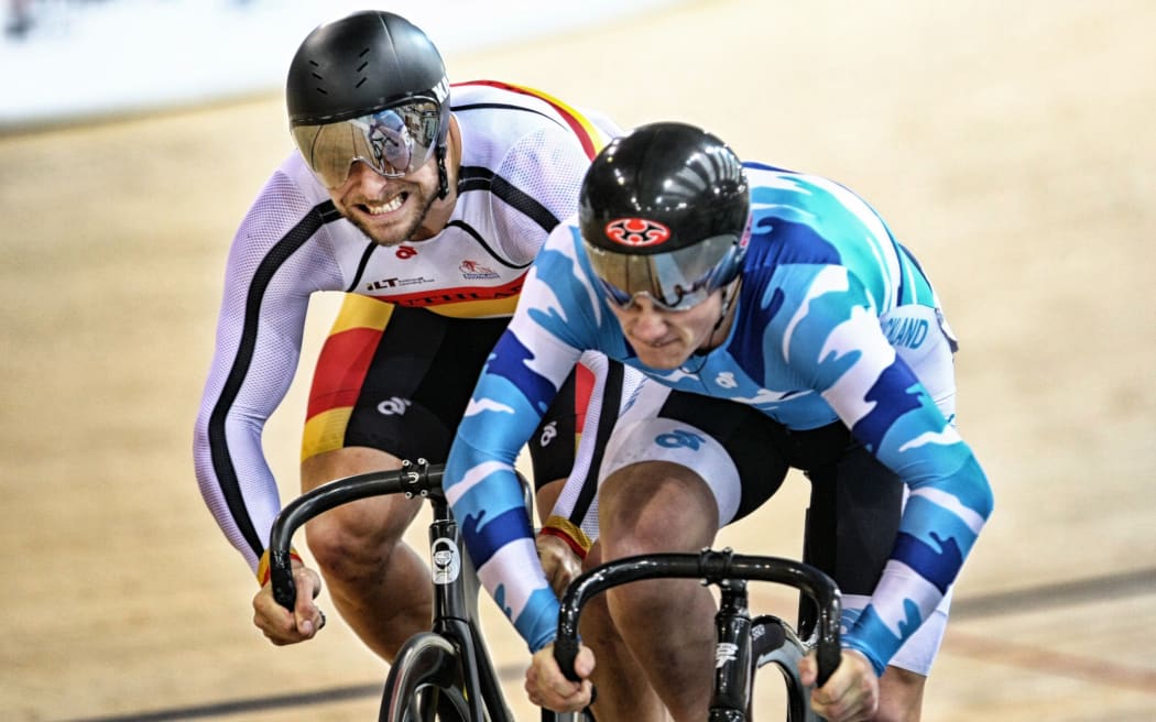Eddie Dawkins, left, and Zac Williams compete in the (ME) sprint at the Avanti BikeNZ Cup, Avantidrome, Cambridge, New Zealand, Saturday, September 20, 2014.
