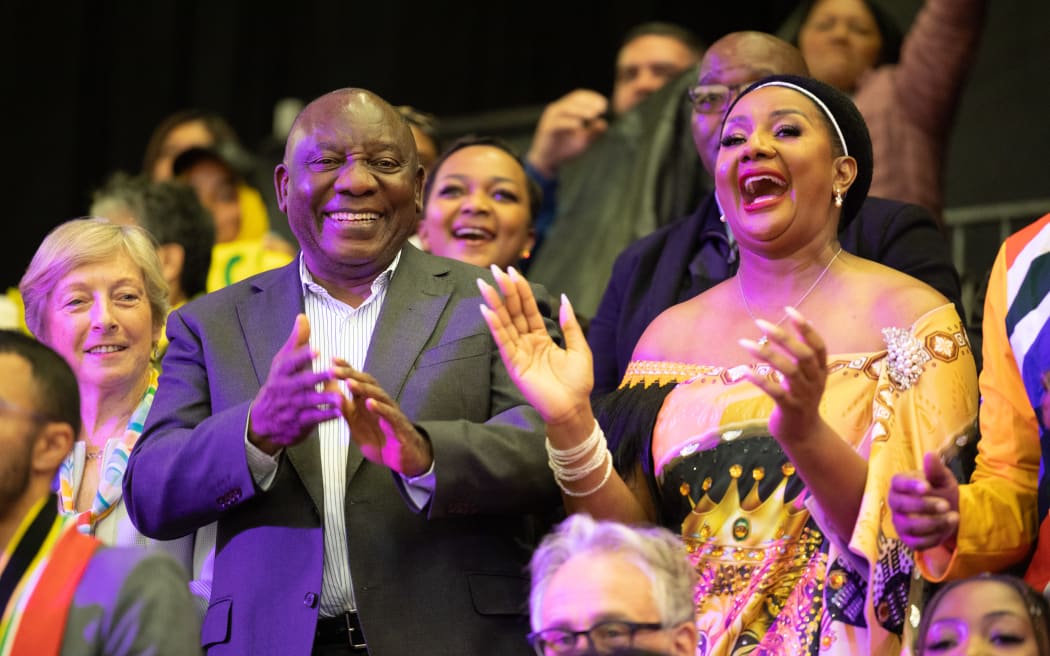 CAPE TOWN, SOUTH AFRICA - AUGUST 06: President Cyril Ramaphosa and Cecilia Molokwane (Netball SA President) during the Netball World Cup 2023.. (Photo by Misha Jordaan/Gallo Images/Netball World Cup 2023)