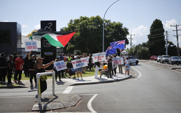 Protests outside Winston Peters’ State of the Nation speech in Tauranga - 22 March 2026