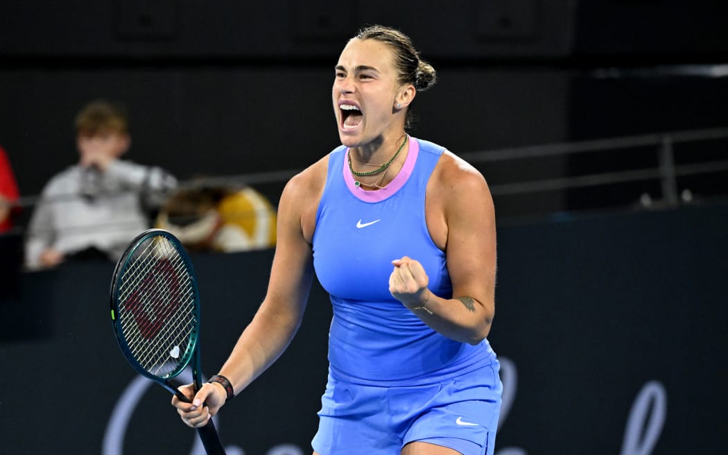 Aryna Sabalenka of Belarus celebrates, 2025.