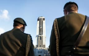 Soliders listen as the carillon is played at todays event. Carillon Bells will be heard regularly at Pukeahu National War Memorial Park after 3 years of being restored.