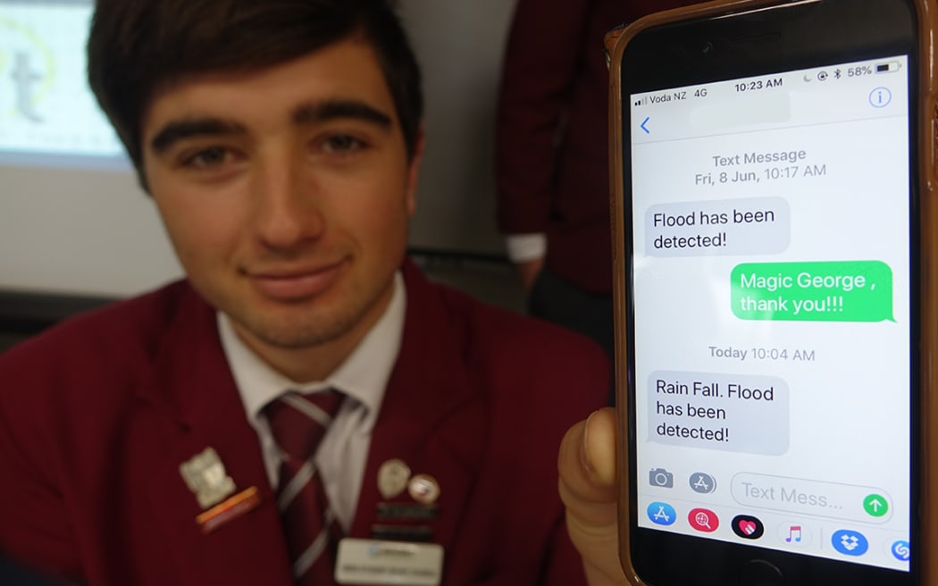 Kadyn Newport receives a text from George, the low-cost flood and rainfall gauge.