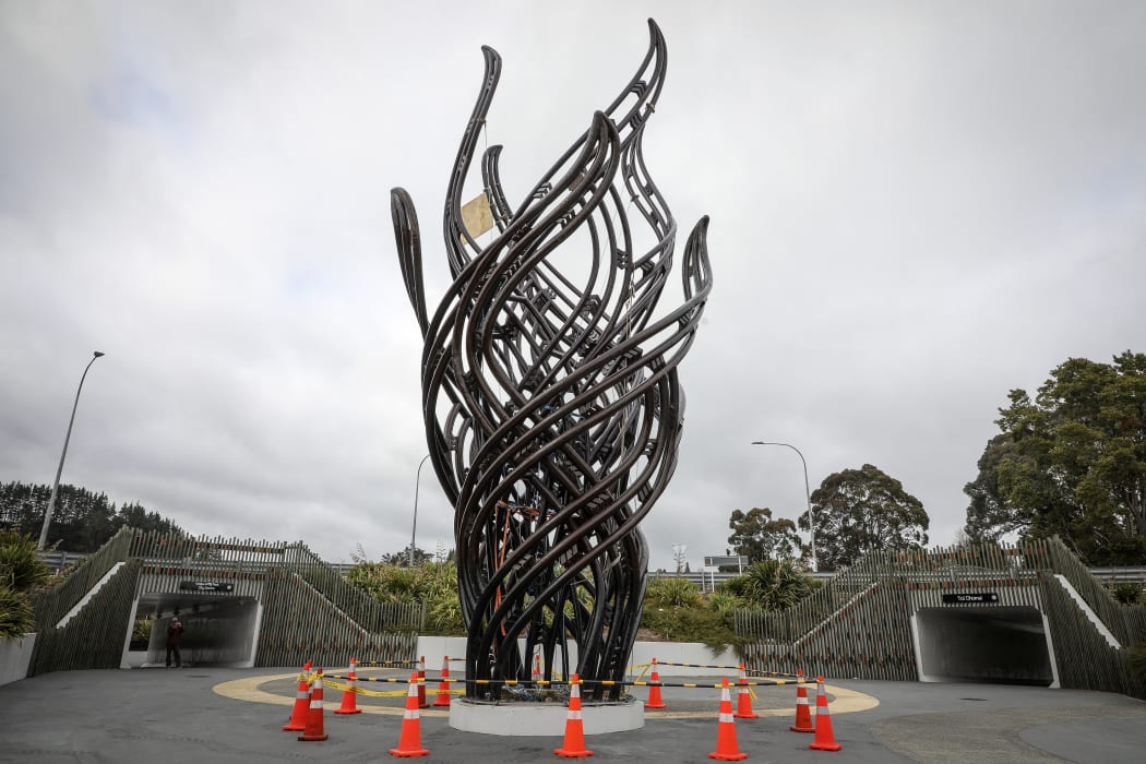 The large flame sculpture Te Ahi Tupua installed on the Hemo roundabout at the southern entrance to Rotorua