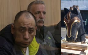 Agustin Suarez-Juarez (left) and Ronald Cook Snr, with the horse head that hid the drugs.
