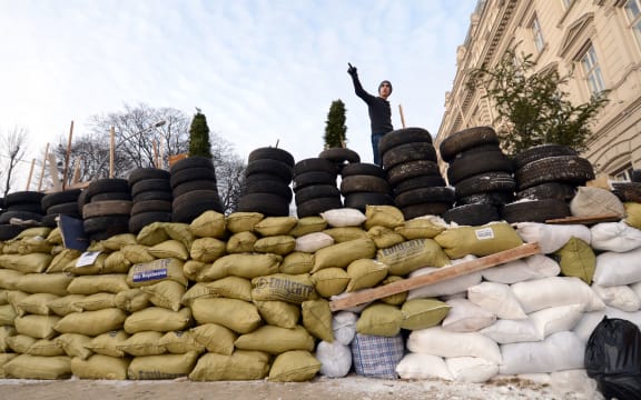Protesters erected barricades in Lviv, western Ukraine.