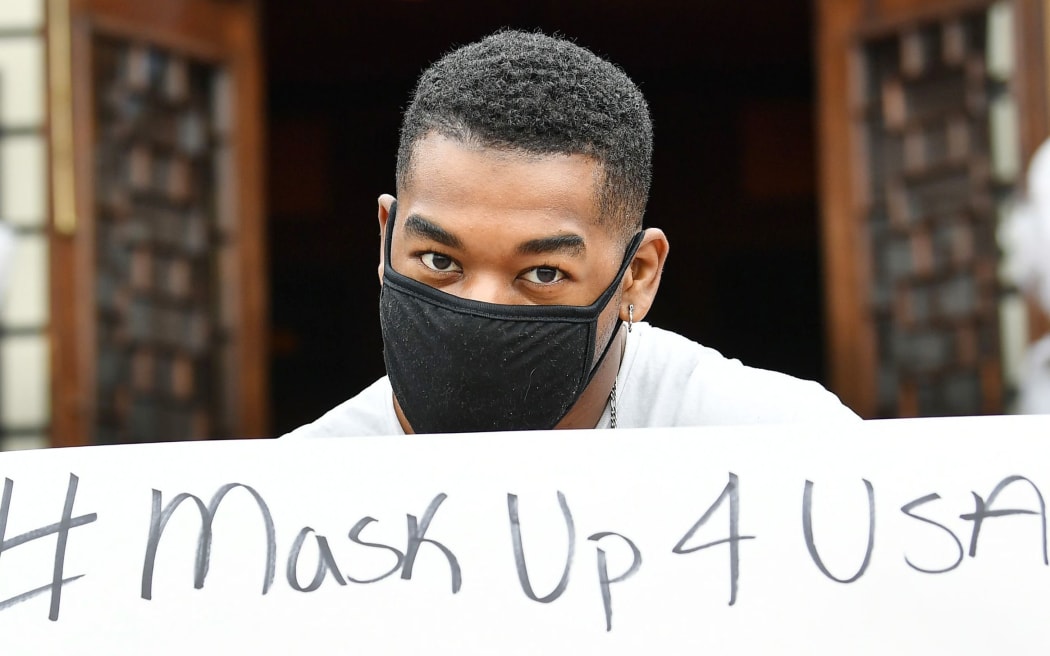LOS ANGELES, CALIFORNIA - JULY 02: Rob Krucible Marshall participates in a pro-mask wearing pop-up fashion show at Yamashiro Hollywood during the COVID-19 pandemic on July 2, 2020 in Los Angeles, California.