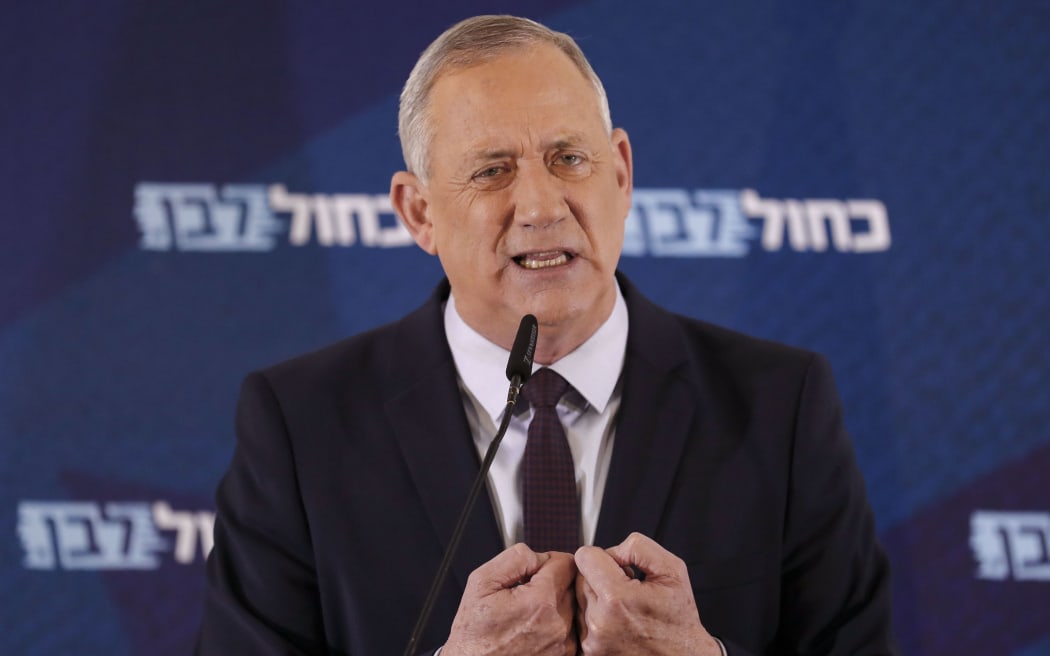 Israeli defence minister Benny Gantz delivers a statement in the central Israeli city of Ramat Gan, on March 7, 2020.