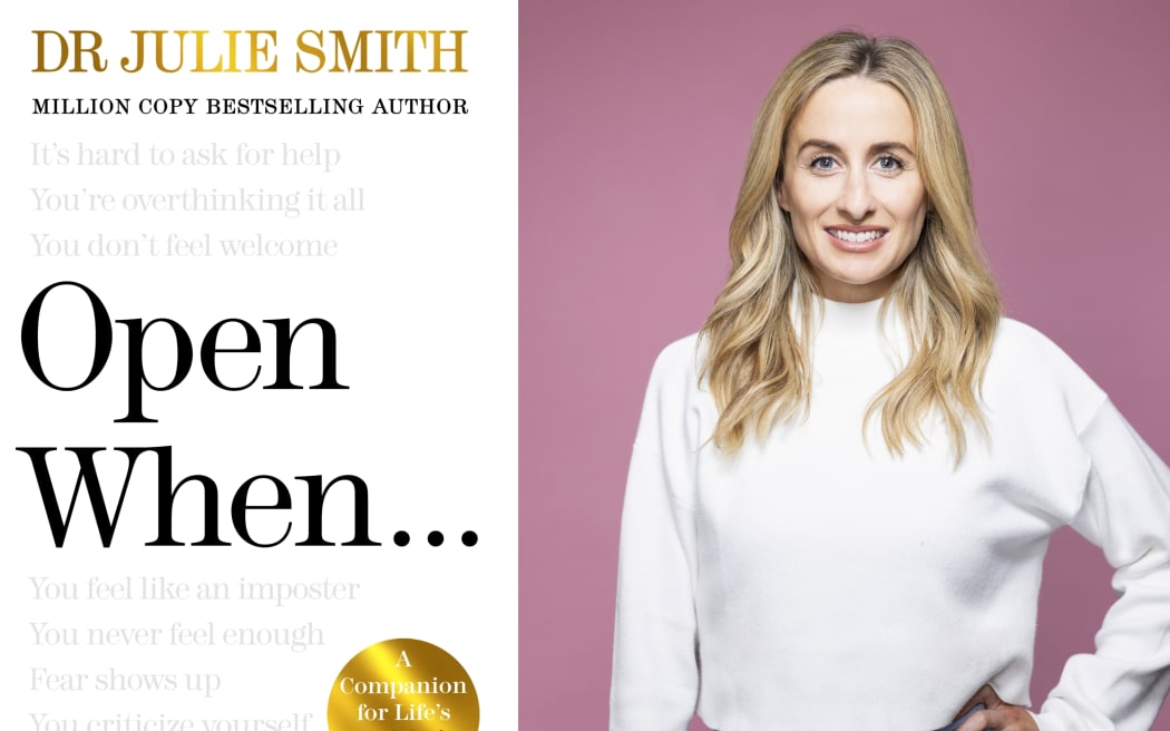 Dr Julie Smith next to her book cover 'Open When...'