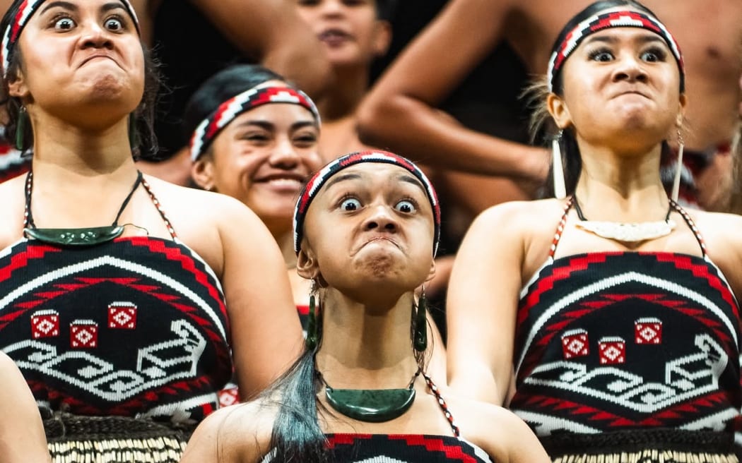 Te Kapa Haka o Te Wharekura o Hoani Waititi Marae perform at Tāmaki HAKAngāhau 2025 at Aucklands Spark Arena.